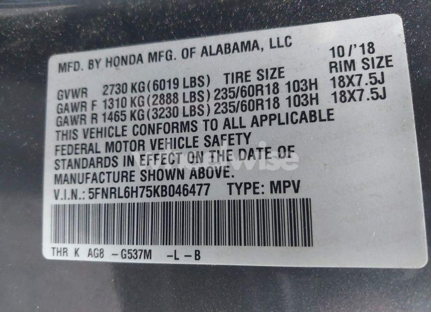 Photo 9 of 2019 Honda Odyssey EX-L (VIN 5FNRL6H75KB046477)