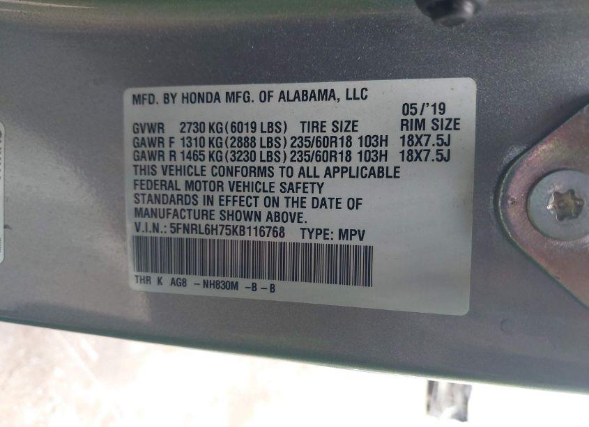 Photo 9 of 2019 Honda Odyssey EX-L (VIN 5FNRL6H75KB116768)