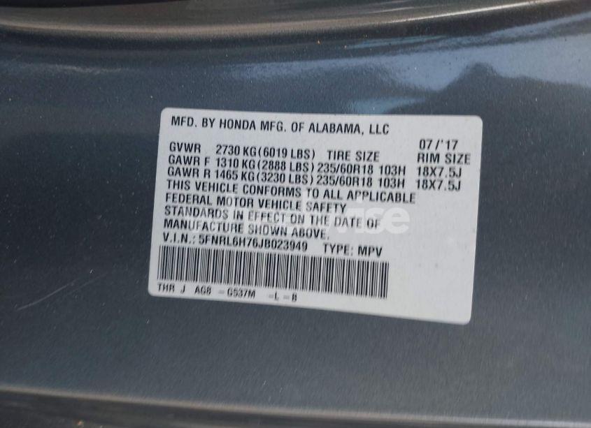 Photo 9 of 2018 Honda Odyssey EX-L (VIN 5FNRL6H76JB023949)