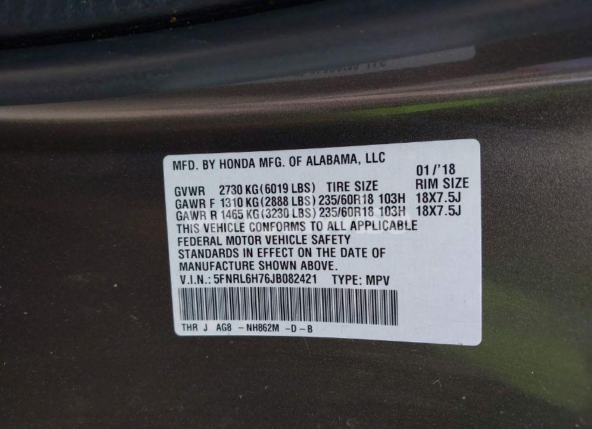 Photo 9 of 2018 Honda Odyssey EX-L (VIN 5FNRL6H76JB082421)