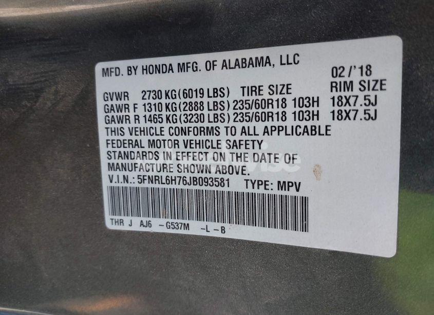 Photo 9 of 2018 Honda Odyssey EX-L (VIN 5FNRL6H76JB093581)