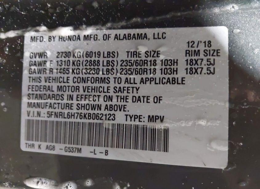 Photo 9 of 2019 Honda Odyssey EX-L (VIN 5FNRL6H76KB062123)