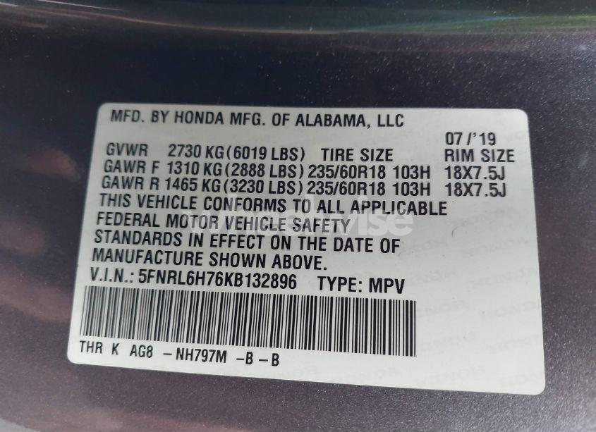 Photo 9 of 2019 Honda Odyssey EX-L (VIN 5FNRL6H76KB132896)