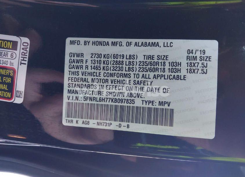 Photo 9 of 2019 Honda Odyssey EX-L (VIN 5FNRL6H77KB097835)