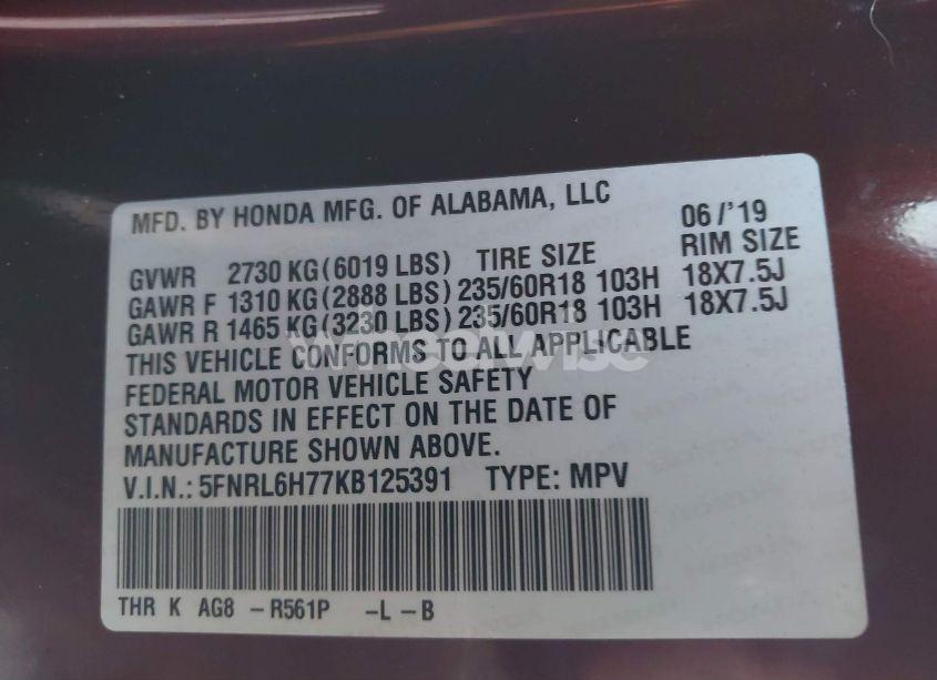 Photo 9 of 2019 Honda Odyssey EX-L (VIN 5FNRL6H77KB125391)