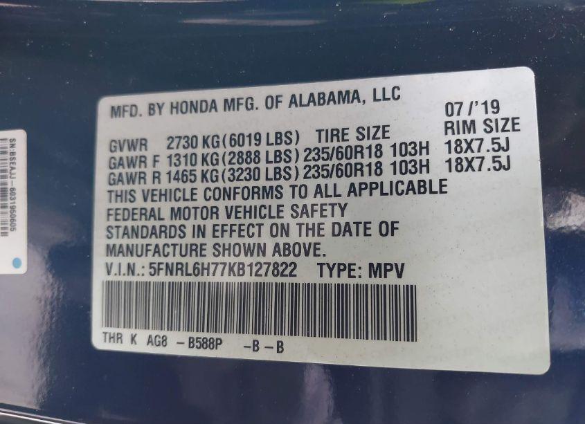 Photo 9 of 2019 Honda Odyssey EX-L (VIN 5FNRL6H77KB127822)