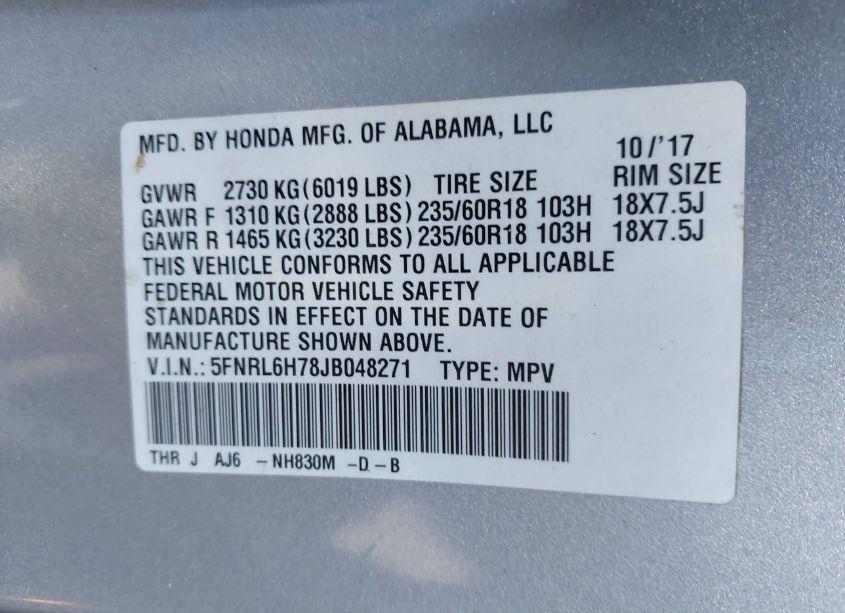 Photo 9 of 2018 Honda Odyssey EX-L (VIN 5FNRL6H78JB048271)