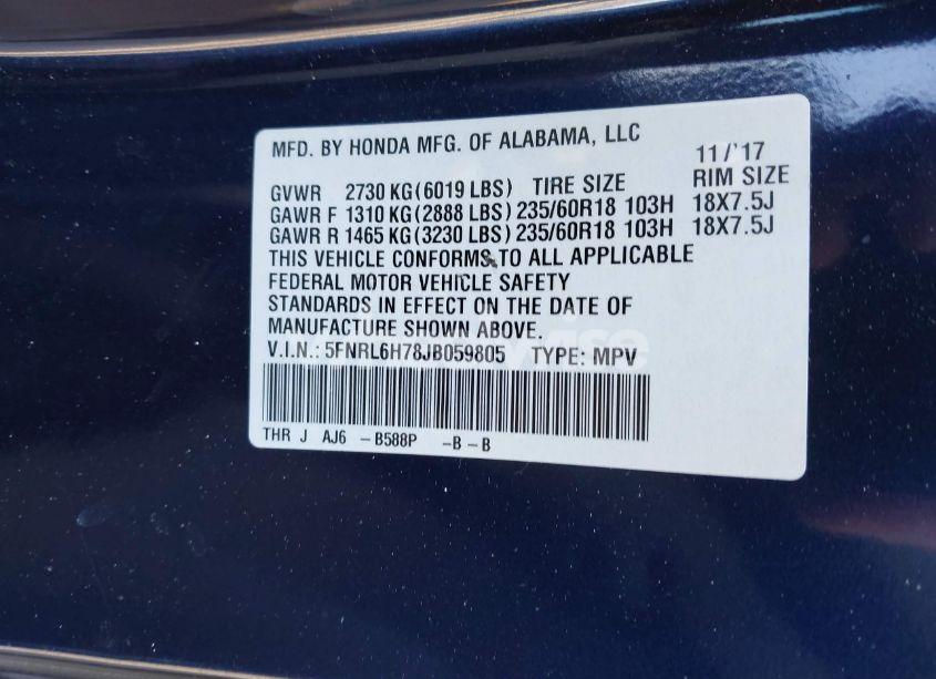 Photo 9 of 2018 Honda Odyssey EX-L (VIN 5FNRL6H78JB059805)