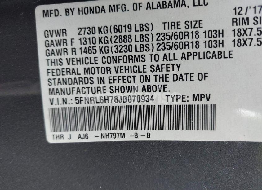 Photo 9 of 2018 Honda Odyssey EX-L (VIN 5FNRL6H78JB070934)
