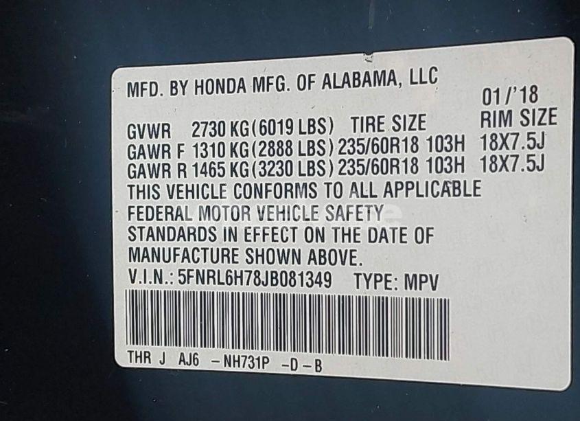 Photo 9 of 2018 Honda Odyssey EX-L (VIN 5FNRL6H78JB081349)