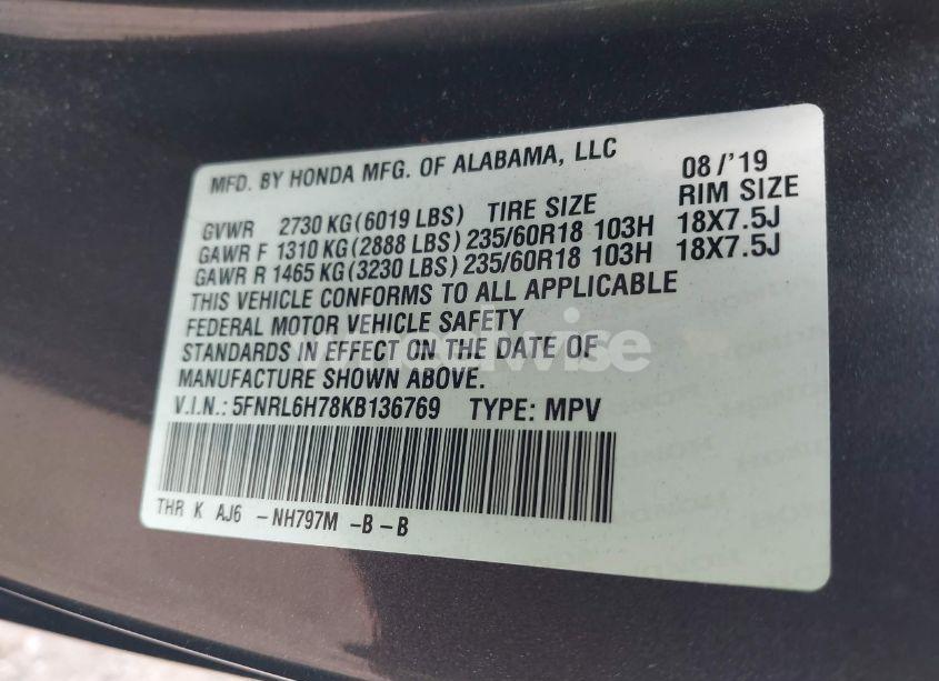 Photo 9 of 2019 Honda Odyssey EX-L (VIN 5FNRL6H78KB136769)