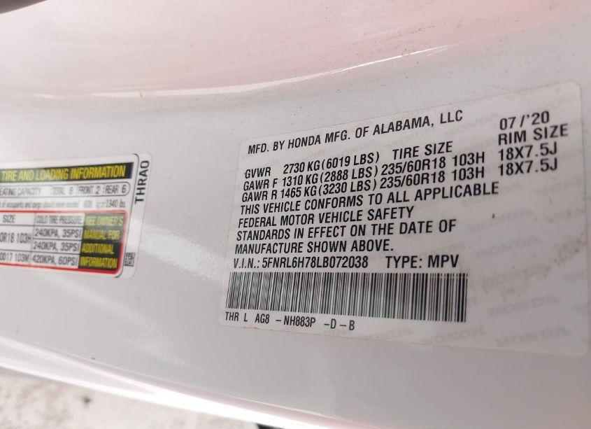 Photo 9 of 2020 Honda Odyssey EX-L/EX-L W/NAVI RES (VIN 5FNRL6H78LB072038)