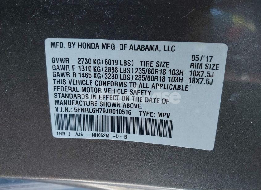 Photo 9 of 2018 Honda Odyssey EX-L (VIN 5FNRL6H79JB010516)