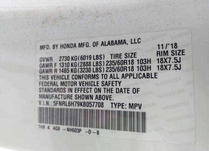 Photo 9 of 2019 Honda Odyssey EX-L (VIN 5FNRL6H79KB057708)