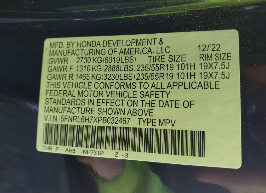 Photo 9 of 2023 Honda Odyssey SPORT (VIN 5FNRL6H7XPB032467)
