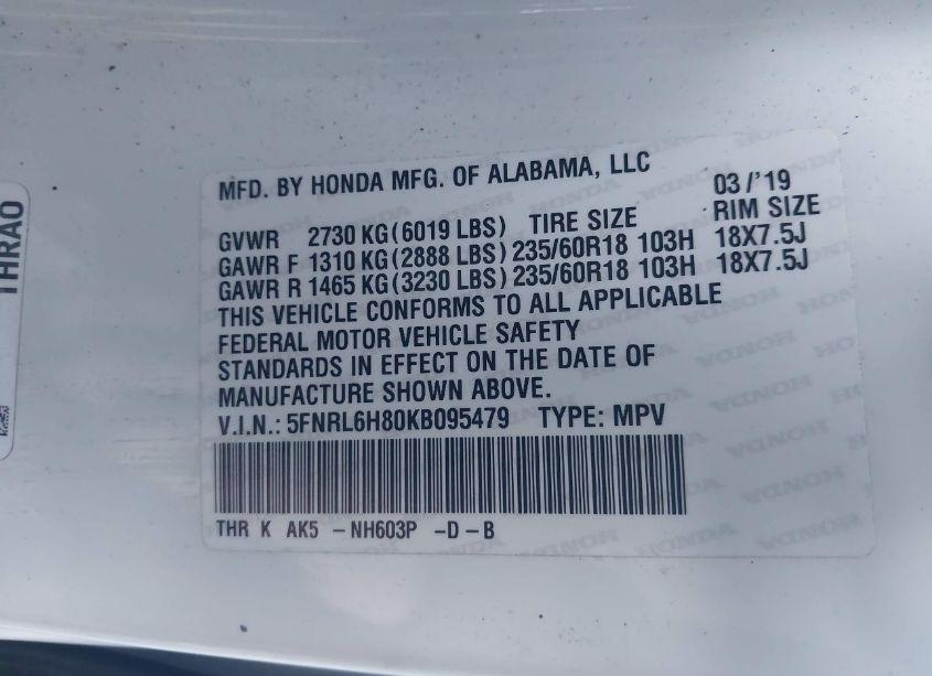 Photo 9 of 2019 Honda Odyssey TOURING (VIN 5FNRL6H80KB095479)