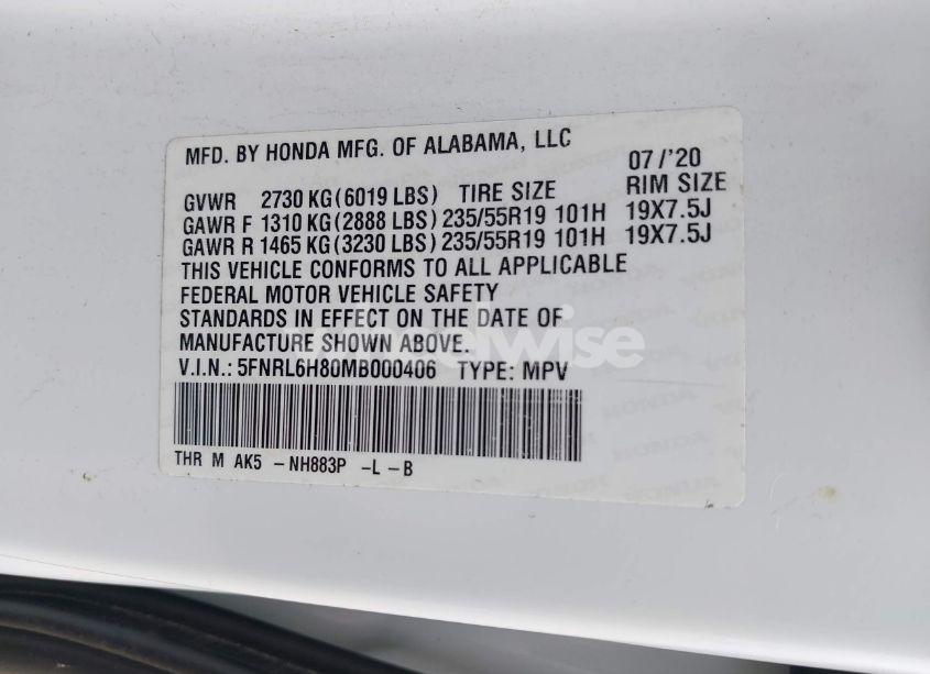 Photo 9 of 2021 Honda Odyssey TOURING (VIN 5FNRL6H80MB000406)