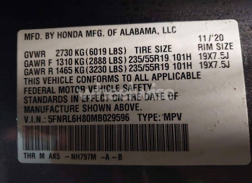 Photo 9 of 2021 Honda Odyssey TOURING (VIN 5FNRL6H80MB029596)