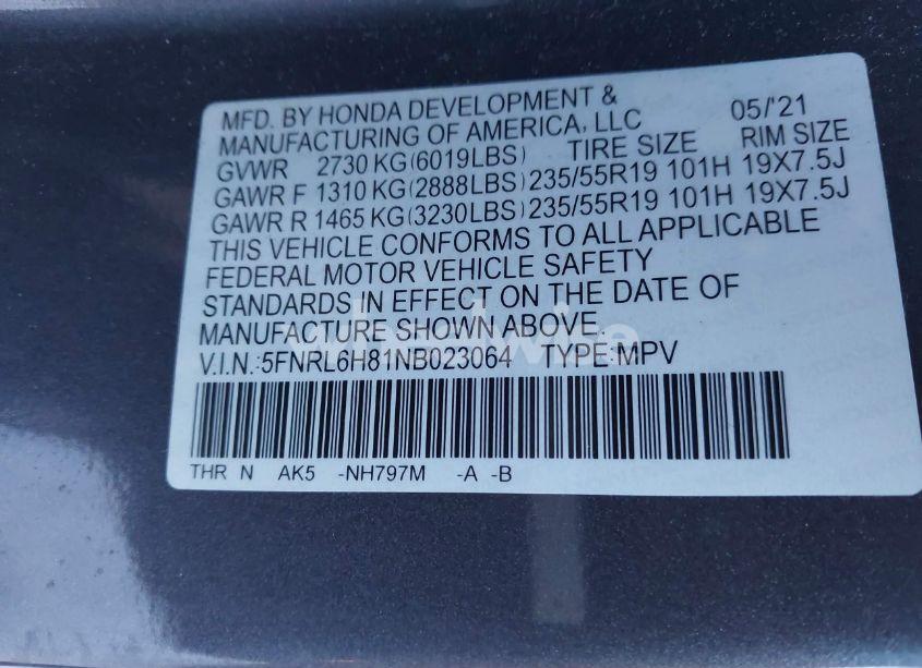 Photo 9 of 2022 Honda Odyssey TOURING (VIN 5FNRL6H81NB023064)