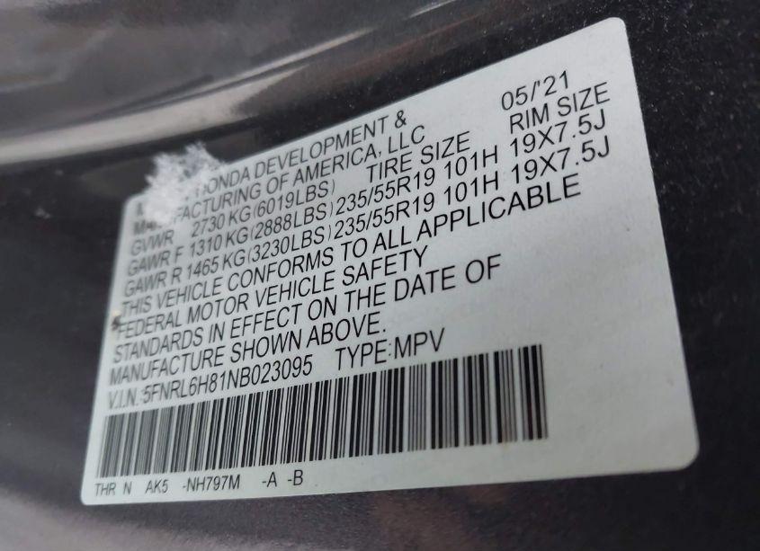 Photo 9 of 2022 Honda Odyssey TOURING (VIN 5FNRL6H81NB023095)