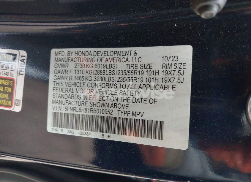 Photo 9 of 2024 Honda Odyssey TOURING (VIN 5FNRL6H81RB010952)