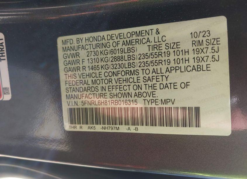 Photo 9 of 2024 Honda Odyssey TOURING (VIN 5FNRL6H81RB016315)