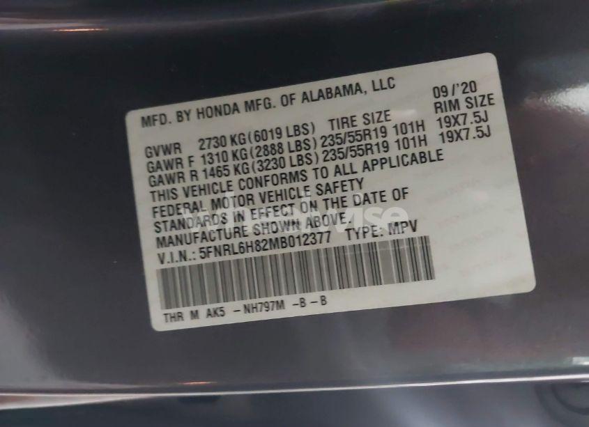 Photo 9 of 2021 Honda Odyssey TOURING (VIN 5FNRL6H82MB012377)