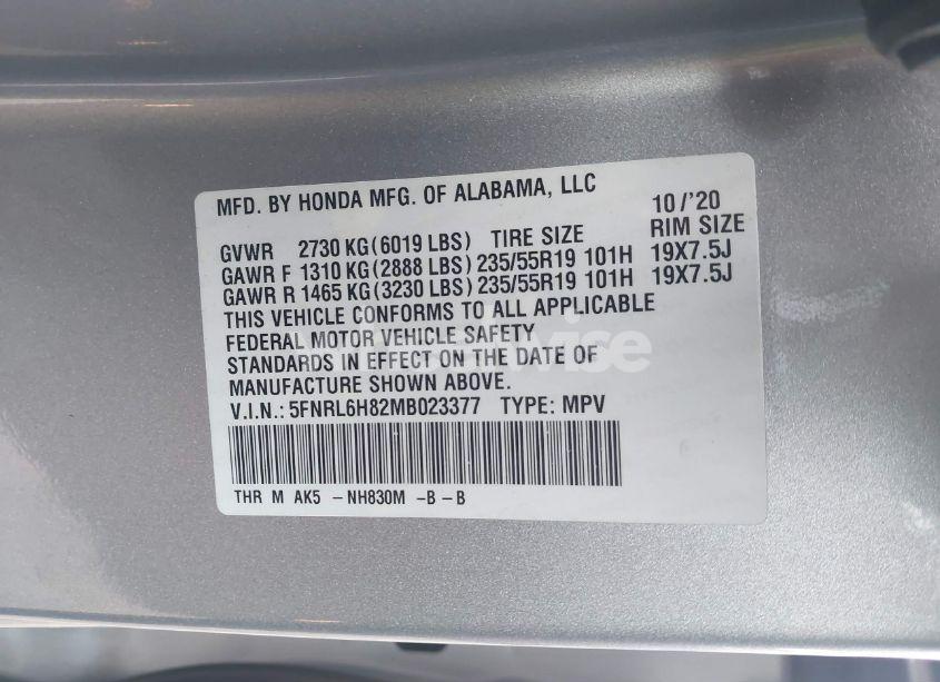 Photo 9 of 2021 Honda Odyssey TOURING (VIN 5FNRL6H82MB023377)