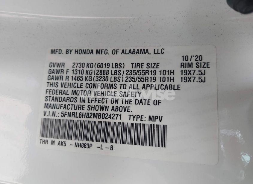 Photo 9 of 2021 Honda Odyssey TOURING (VIN 5FNRL6H82MB024271)