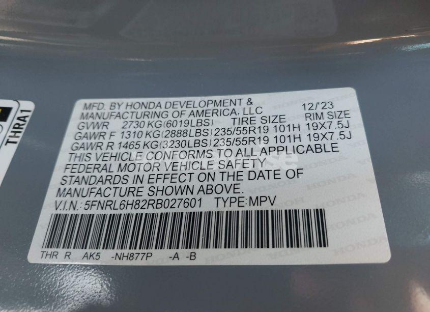 Photo 9 of 2024 Honda Odyssey TOURING (VIN 5FNRL6H82RB027601)