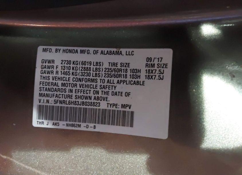 Photo 9 of 2018 Honda Odyssey TOURING (VIN 5FNRL6H83JB038823)