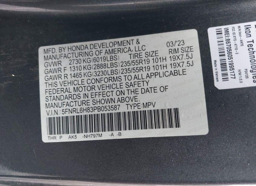 Photo 9 of 2023 Honda Odyssey TOURING (VIN 5FNRL6H83PB053587)
