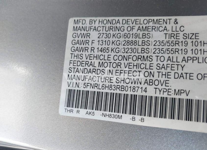 Photo 9 of 2024 Honda Odyssey TOURING (VIN 5FNRL6H83RB018714)