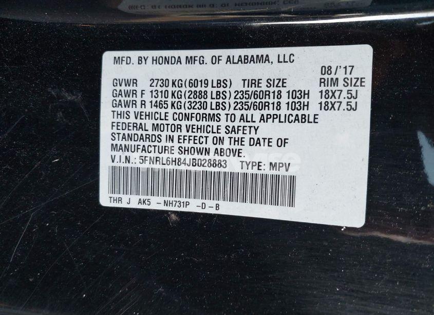 Photo 9 of 2018 Honda Odyssey TOURING (VIN 5FNRL6H84JB028883)