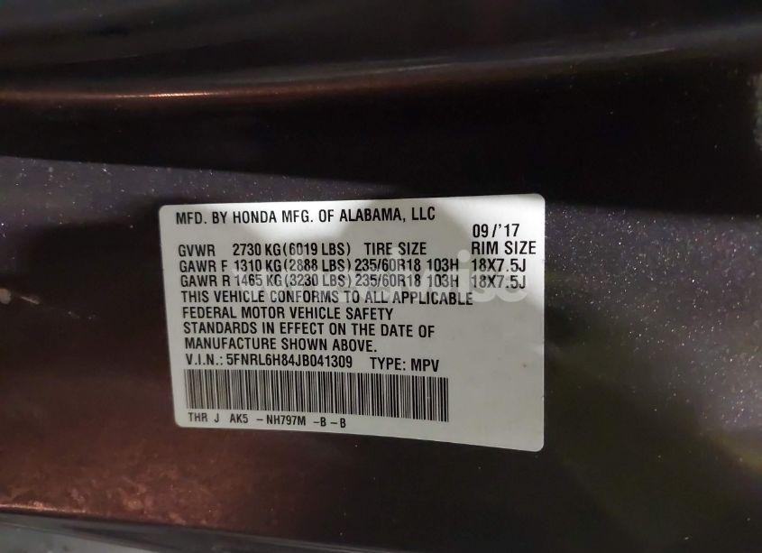 Photo 9 of 2018 Honda Odyssey TOURING (VIN 5FNRL6H84JB041309)