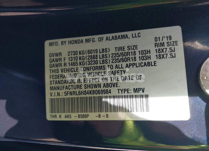 Photo 9 of 2019 Honda Odyssey TOURING (VIN 5FNRL6H84KB069984)