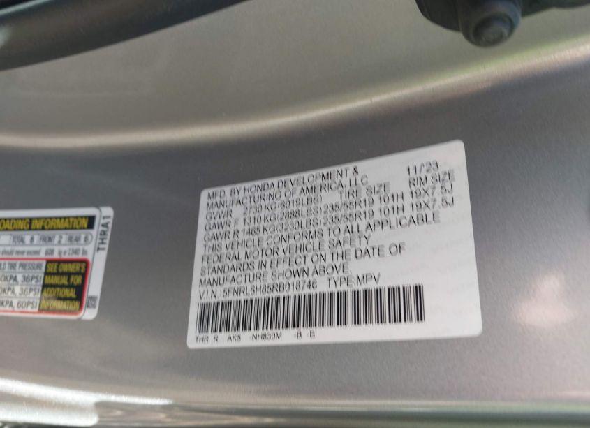 Photo 9 of 2024 Honda Odyssey TOURING (VIN 5FNRL6H85RB018746)