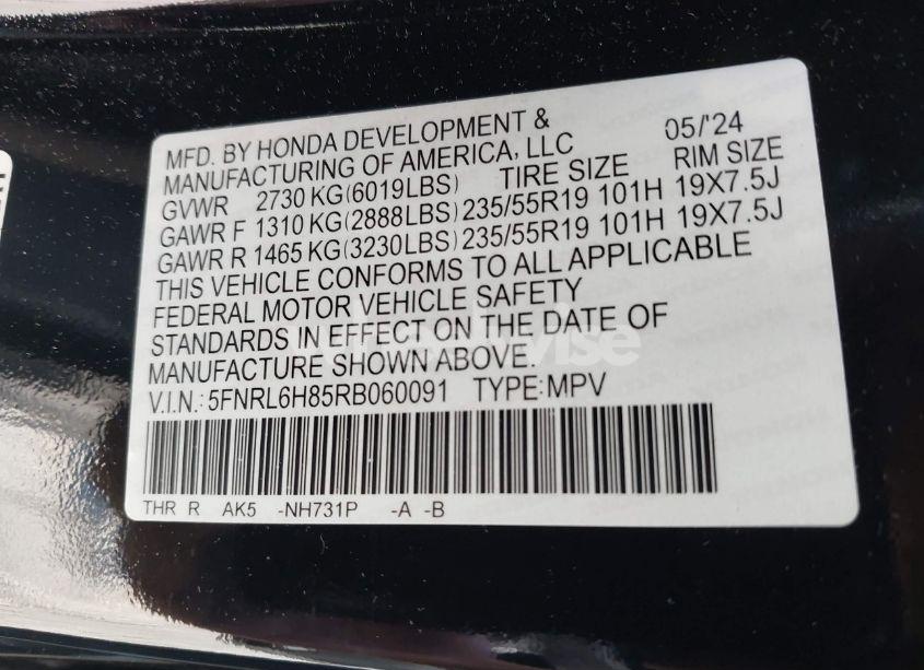 Photo 9 of 2024 Honda Odyssey TOURING (VIN 5FNRL6H85RB060091)