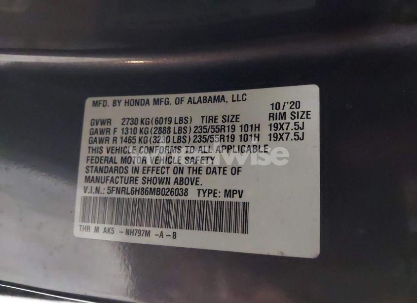 Photo 9 of 2021 Honda Odyssey TOURING (VIN 5FNRL6H86MB026038)