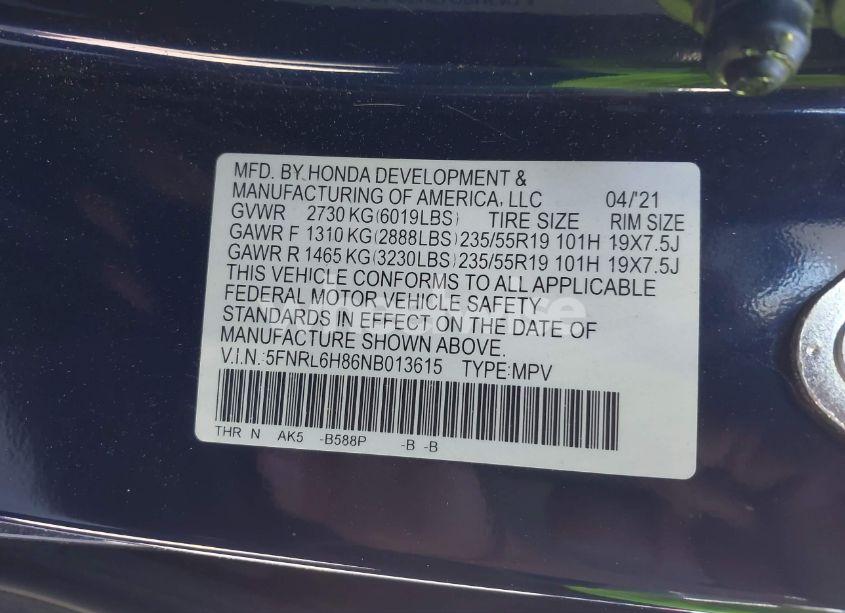 Photo 9 of 2022 Honda Odyssey TOURING (VIN 5FNRL6H86NB013615)