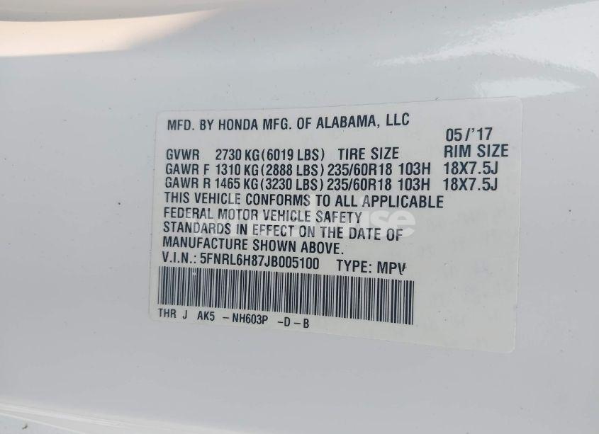 Photo 9 of 2018 Honda Odyssey TOURING (VIN 5FNRL6H87JB005100)