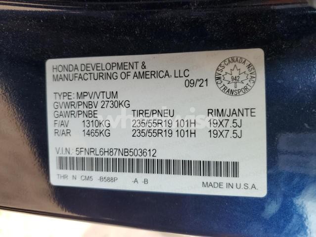 Photo 5 of 2022 HONDA ODYSSEY TOURING (VIN 5FNRL6H87NB503612)