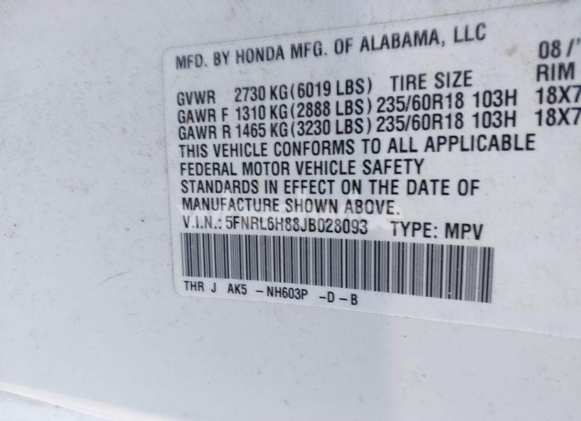 Photo 9 of 2018 Honda Odyssey TOURING (VIN 5FNRL6H88JB028093)