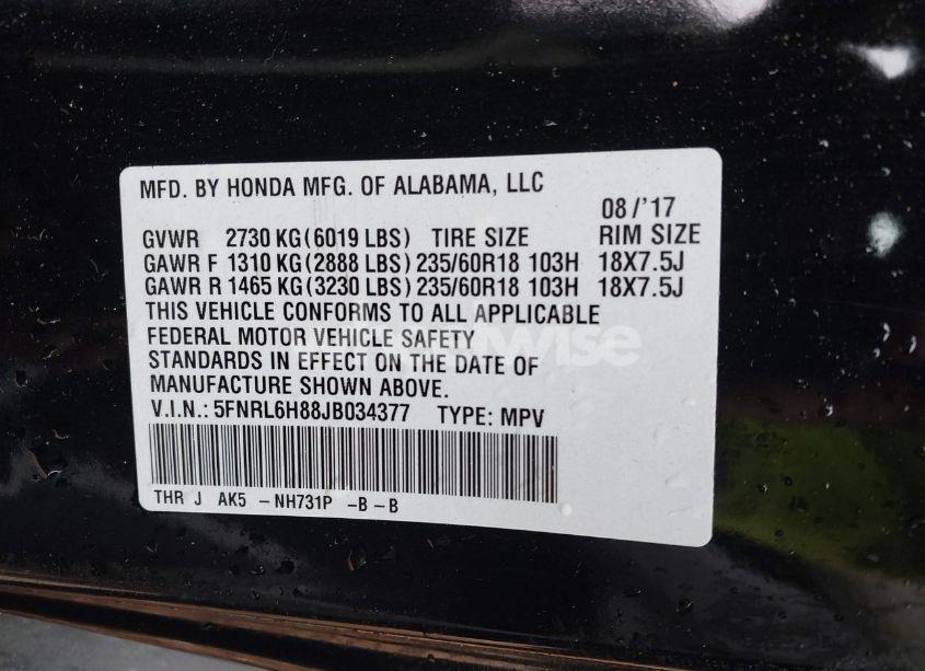 Photo 9 of 2018 Honda Odyssey TOURING (VIN 5FNRL6H88JB034377)