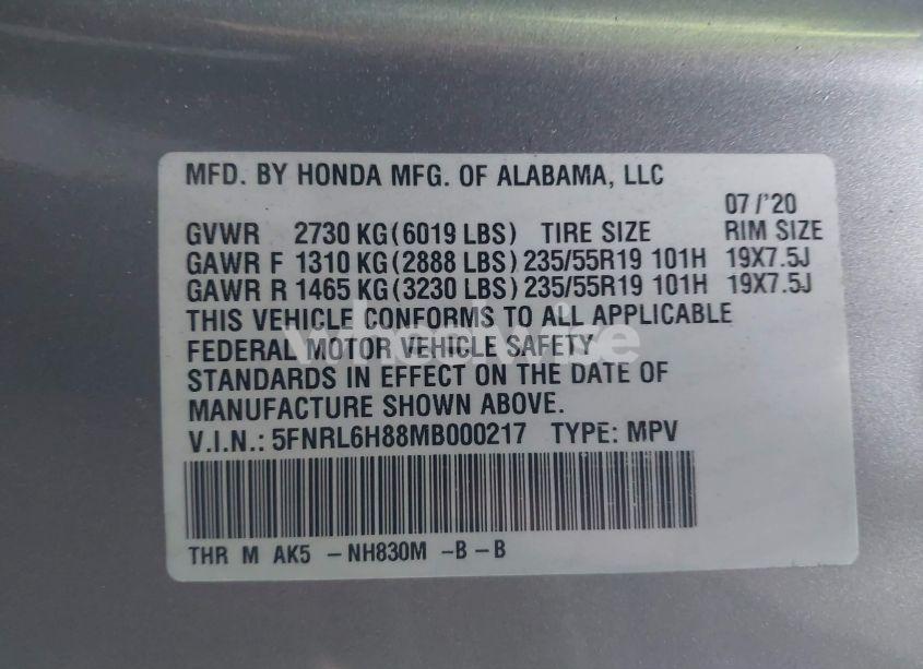 Photo 9 of 2021 Honda Odyssey TOURING (VIN 5FNRL6H88MB000217)