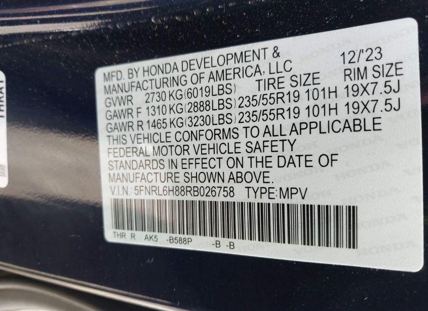 Photo 9 of 2024 Honda Odyssey TOURING (VIN 5FNRL6H88RB026758)