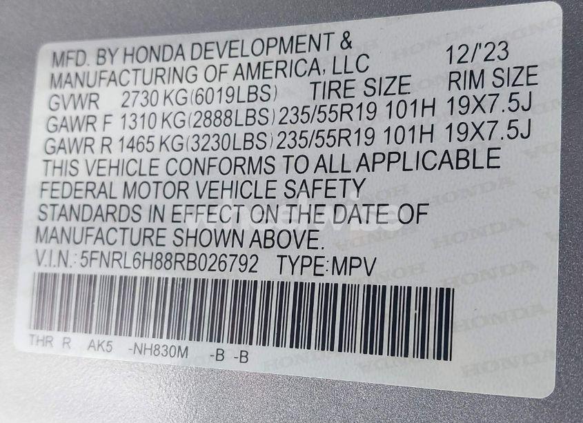 Photo 9 of 2024 Honda Odyssey TOURING (VIN 5FNRL6H88RB026792)