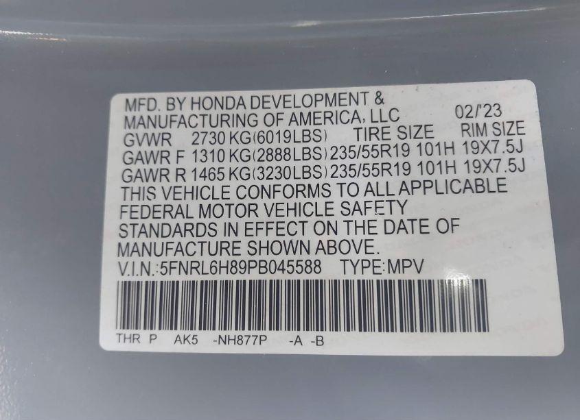 Photo 9 of 2023 Honda Odyssey TOURING (VIN 5FNRL6H89PB045588)
