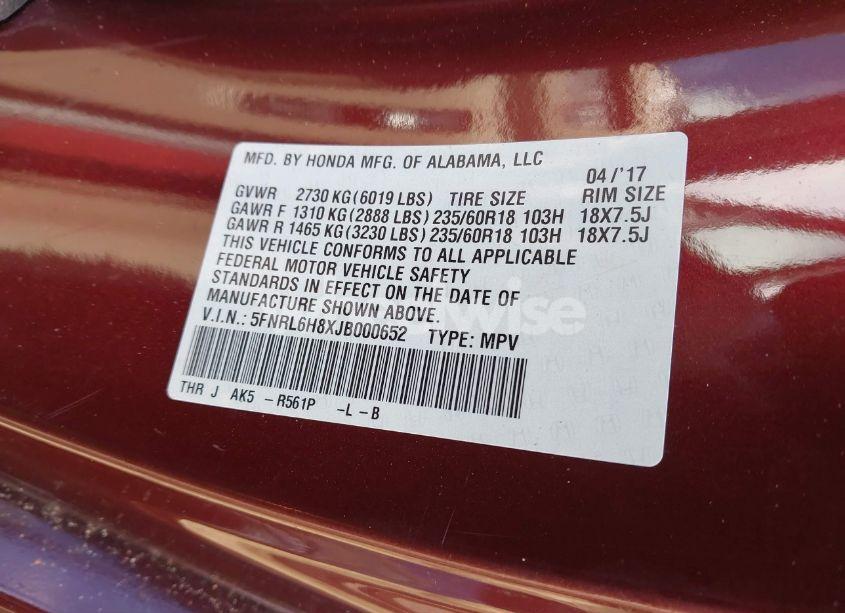 Photo 9 of 2018 Honda Odyssey TOURING (VIN 5FNRL6H8XJB000652)