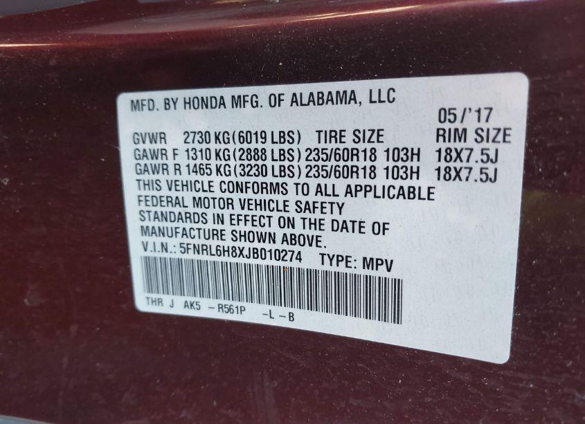 Photo 9 of 2018 Honda Odyssey TOURING (VIN 5FNRL6H8XJB010274)